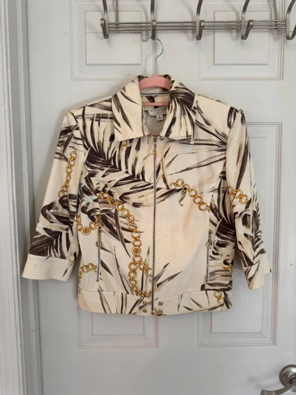 St. John Sport By Marie Gray Palm & Chain Print Jacket Zip-Up Pockets Made In US - Picture 1 of 16